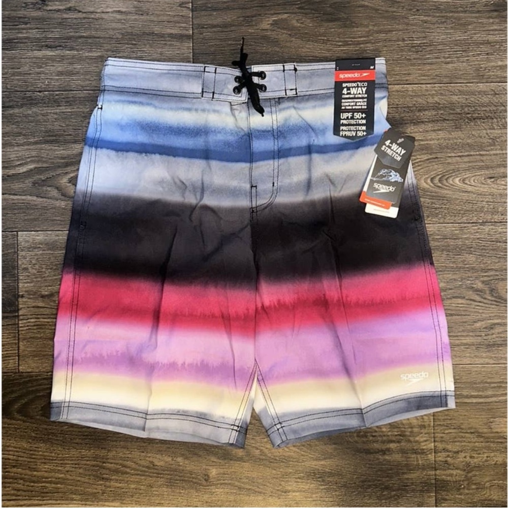 Speedo Mens Eco 4-Way Stretch Board Shorts Ombre Stripe Swim Trunks Multicolor S